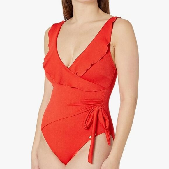 Vince Camuto 8 Red Ruffled Wrap Front One Piece Swimsuit - Picture 1 of 11
